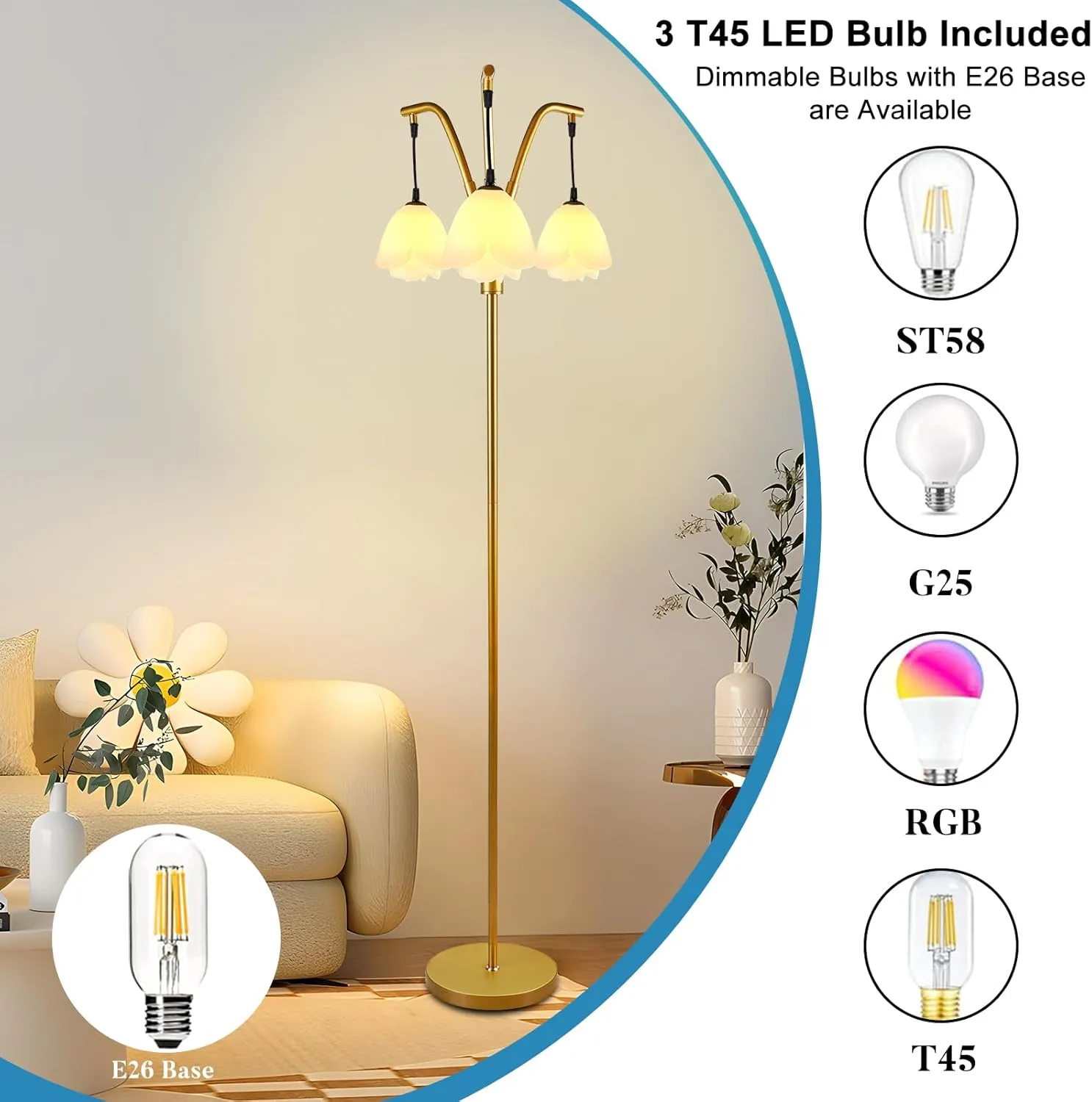 Lightdot 67IN Industrial Tree Floor Lamp, Dimmable (Brightness Adjustable) Mid Century Standing Lamps with E26 LED Bulbs Included, 3 Lights Gold Pole Modern Tall Lamp for Living Room Bedroom