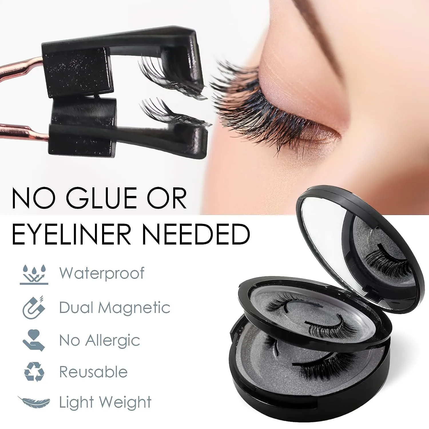 Magnetic Eyelashes, 3D Natural Look Dual Magnetic Lashes Kit with Applicator & Eyelash Comb, Light Weight & Waterproof & No Glue, 8 Count