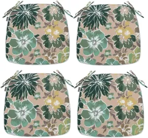 Magpie Fabrics 17"x16"x2" U-Shape Chair Cushions with Ties 4 Count, Outdoor Indoor Waterproof All Weather Seat Pads Decoration for Patio Garden Dining Office - Green Floral
