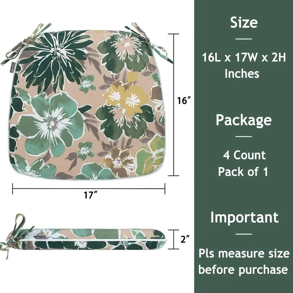 Magpie Fabrics 17"x16"x2" U-Shape Chair Cushions with Ties 4 Count, Outdoor Indoor Waterproof All Weather Seat Pads Decoration for Patio Garden Dining Office - Green Floral