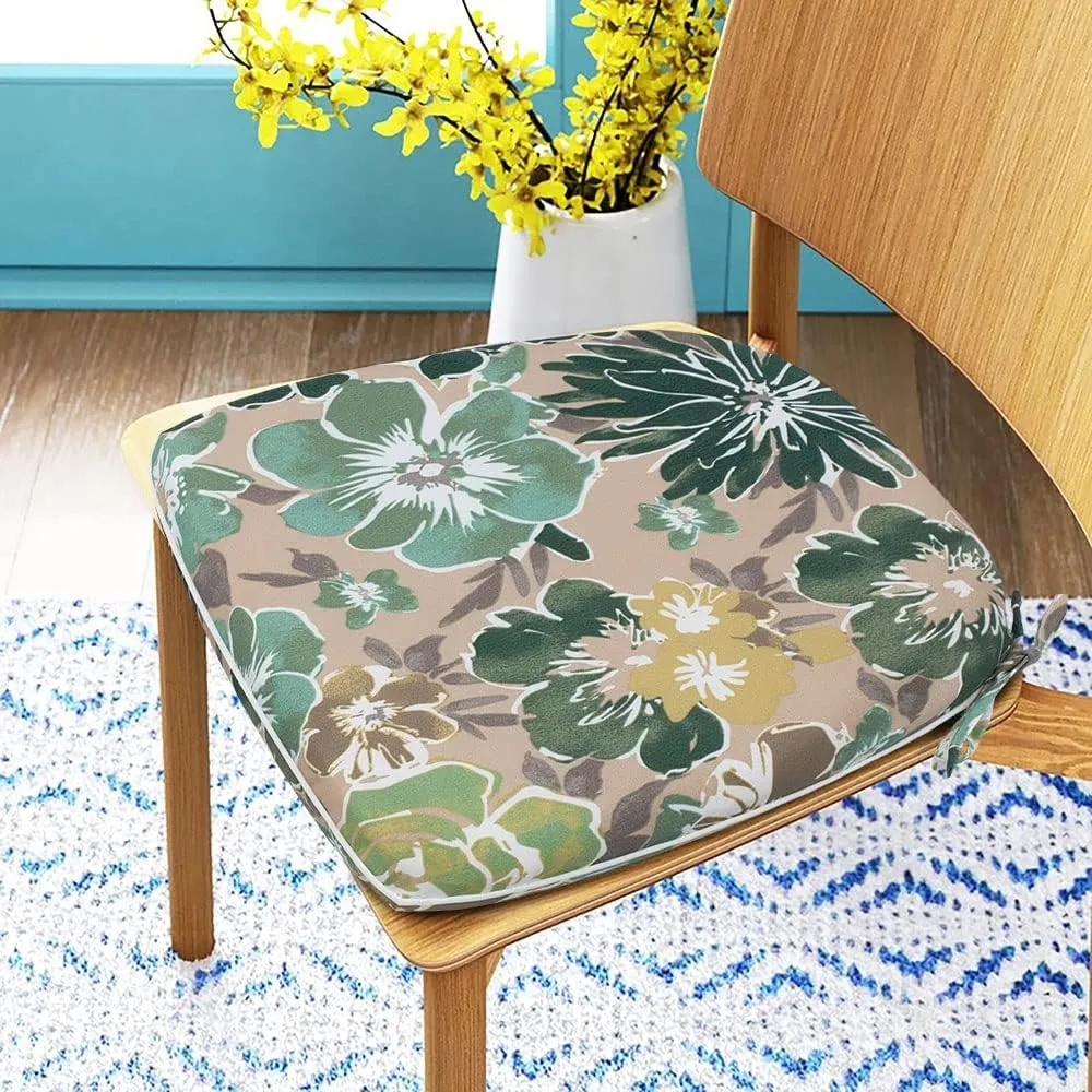 Magpie Fabrics 17"x16"x2" U-Shape Chair Cushions with Ties 4 Count, Outdoor Indoor Waterproof All Weather Seat Pads Decoration for Patio Garden Dining Office - Green Floral