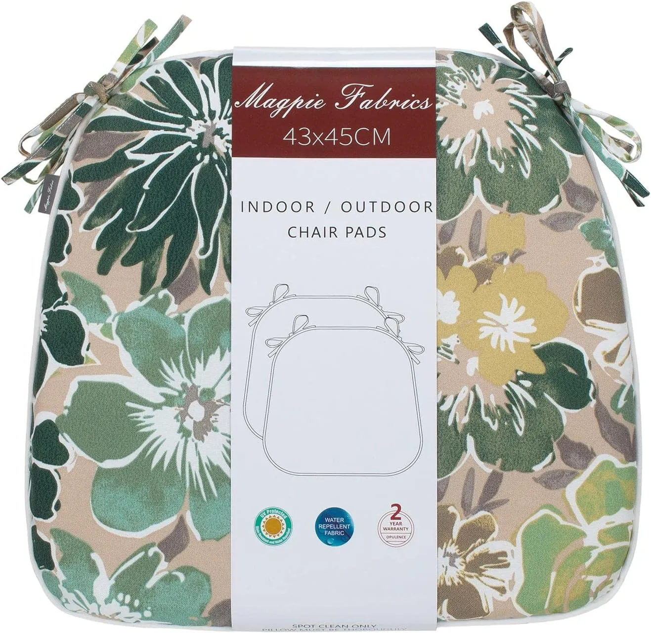 Magpie Fabrics 17"x16"x2" U-Shape Chair Cushions with Ties 4 Count, Outdoor Indoor Waterproof All Weather Seat Pads Decoration for Patio Garden Dining Office - Green Floral