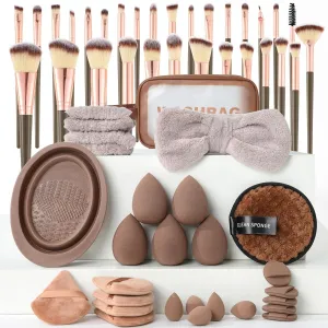Makeup Brush Set for Foundation Concealer Eyeshadow and Travel, Include Make Up Brush, Sponge, 56PCS Brown