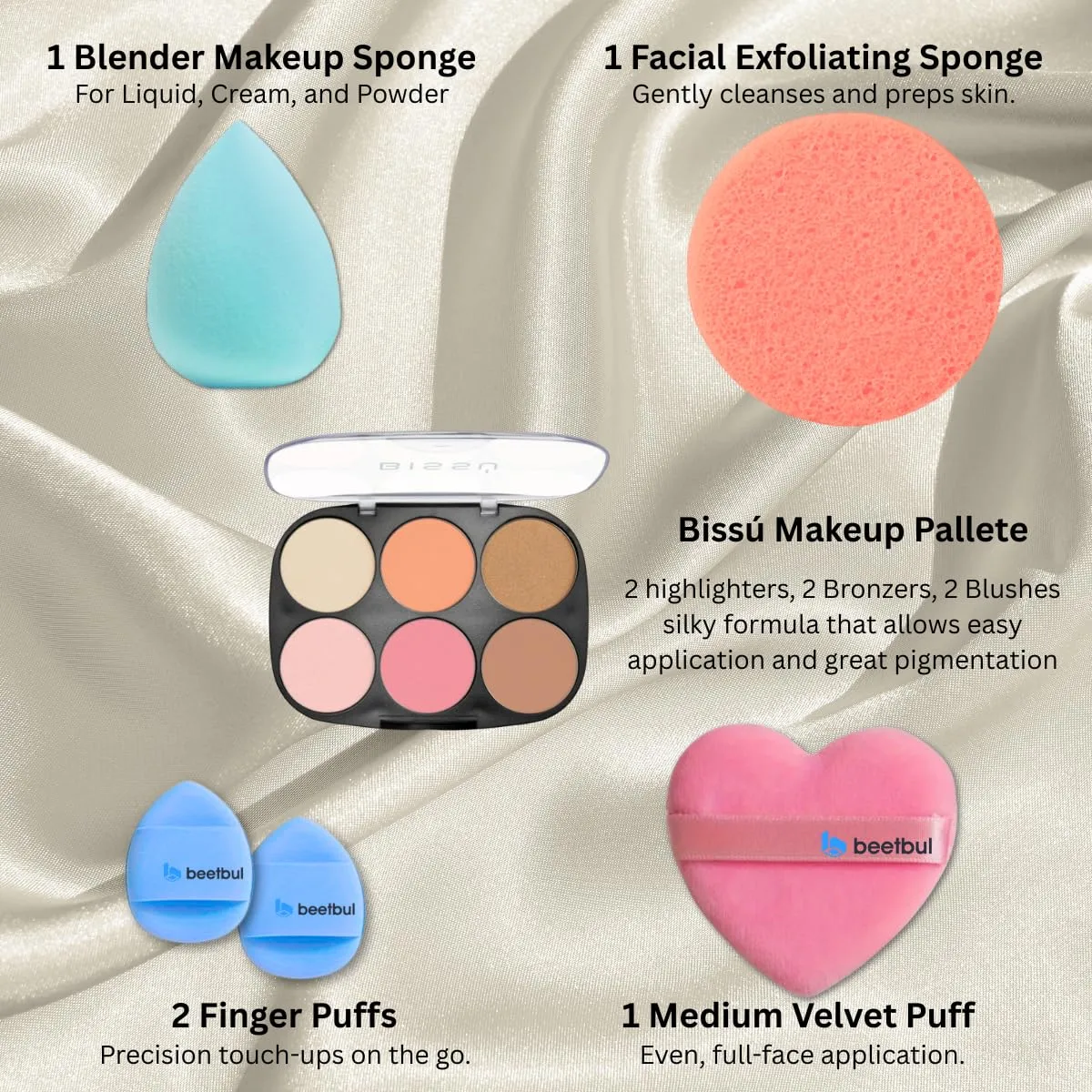 Makeup Kit Bissú 6‑Color Palette   Velvet Puff   2 Finger Puffs   Makeup Sponge   Exfoliating Sponge (4 Styles) (01 Mera Mera)