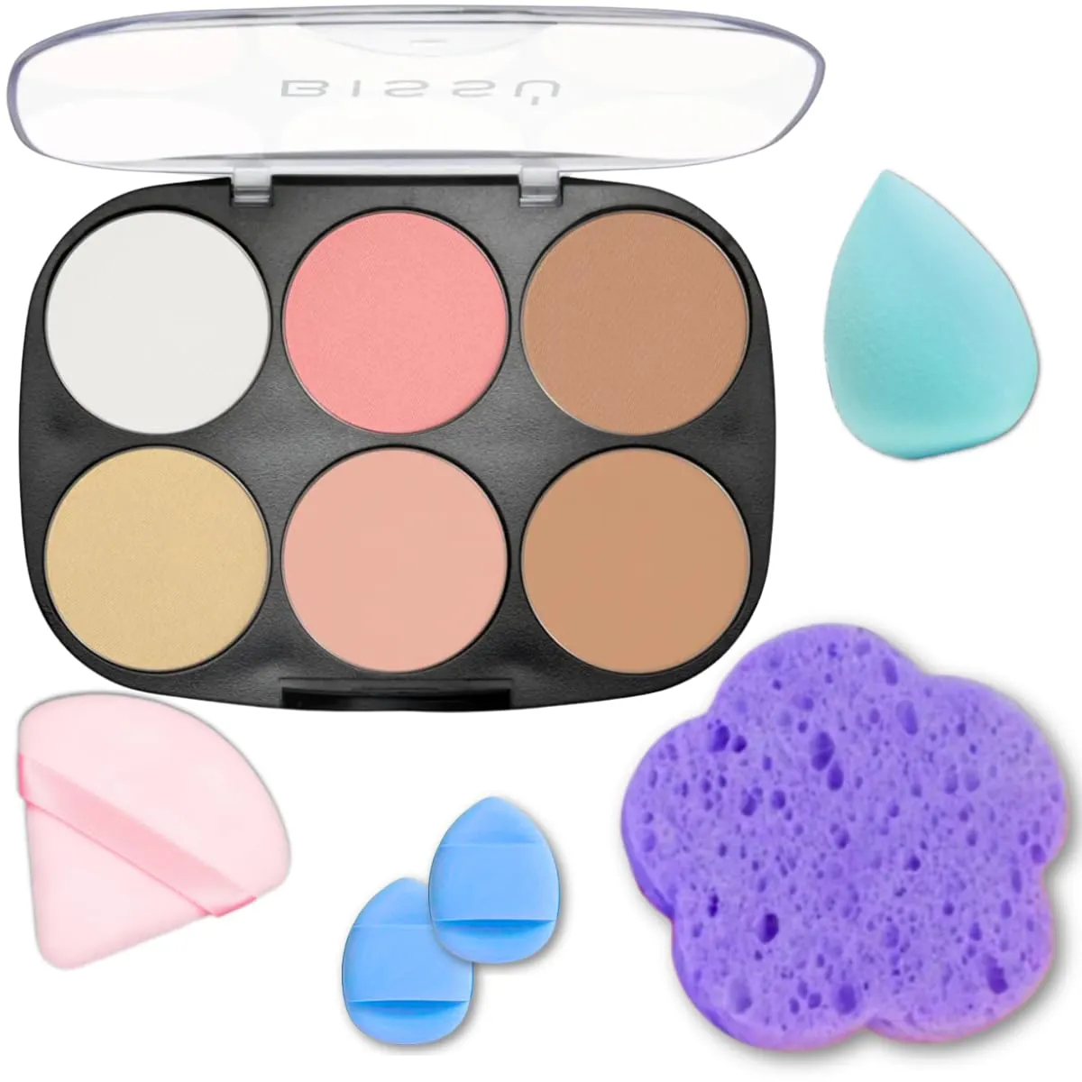 Makeup Kit Bissú 6‑Color Palette   Velvet Puff   2 Finger Puffs   Makeup Sponge   Exfoliating Sponge (4 Styles) (01 Mera Mera)