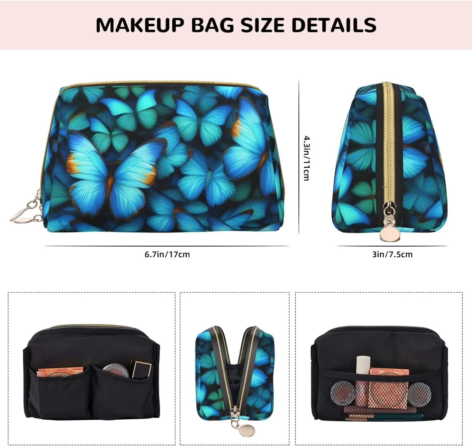 Many Blue Butterfly Toiletry Pouch, Travel-Friendly Makeup Organizer For Makeup Brushes, Lipsticks