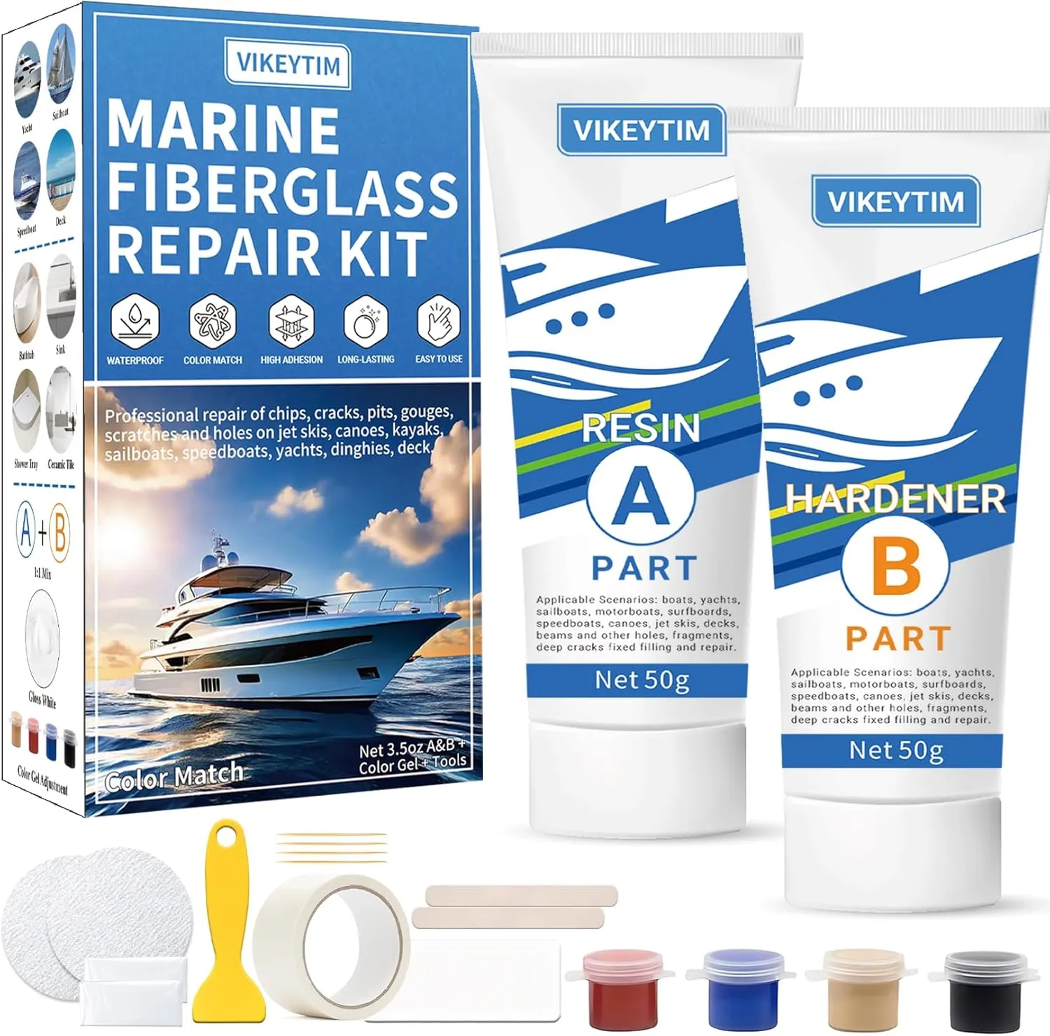 Marine Fiberglass Repair Kit (Color Match), 3.5oz/100g Gel Coat Repair Kit for Boats, Fiberglass Repair Fix Holes, Chips, Deep Cracks, Ceramic, Porcelain Fiberglass Filler