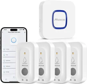 MAXCIO Wi-Fi Water Leak Detector 4 Pack, Smart Water Sensor with 110dB Adjustable Alarm, APP, SMS, Phone Notifications, 1640ft Transmission Range, Suitable for Basement, Bathroom, and Kitchen