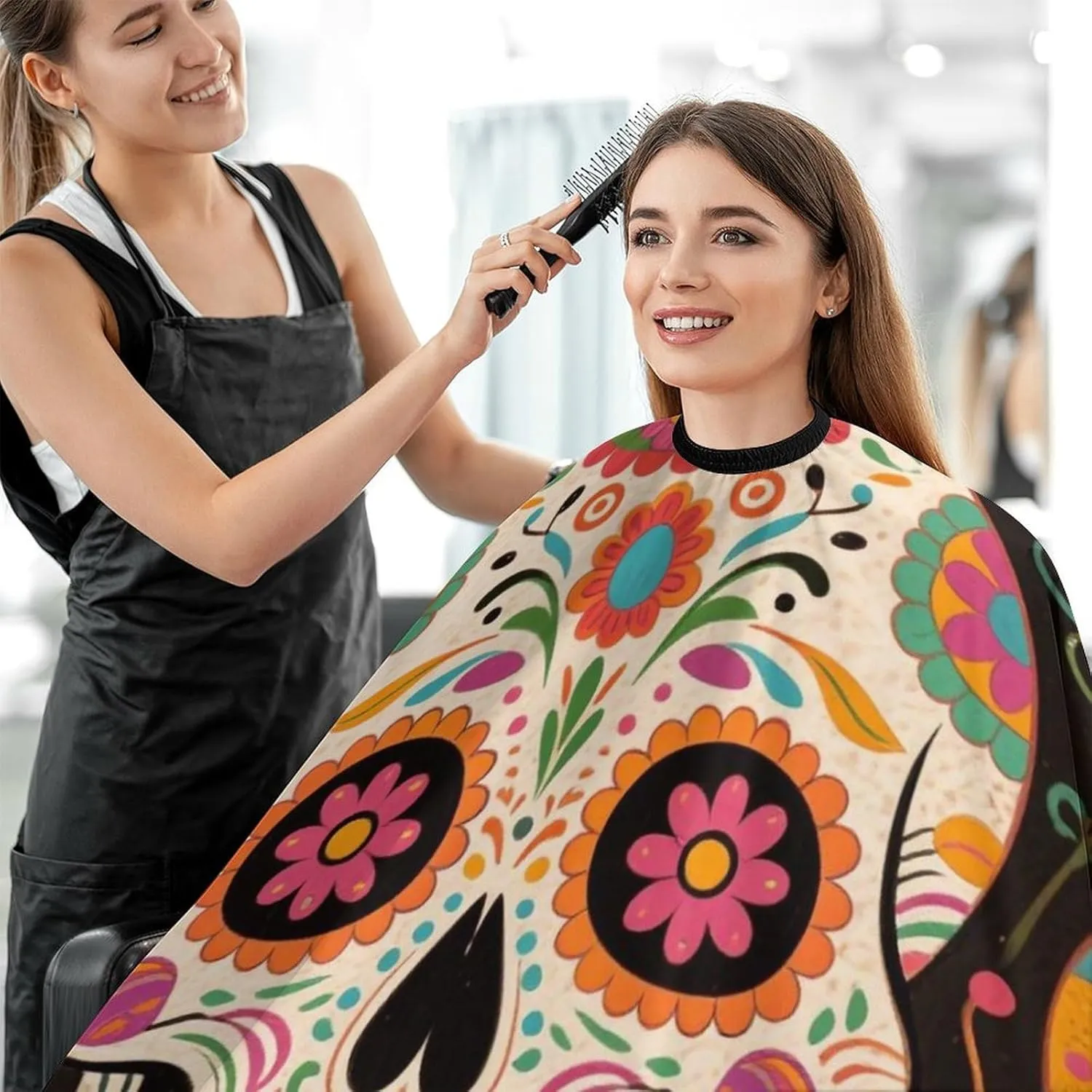 Men Women Mexican Sugar Skull Flower Art Salon Cape - Adjustable Hairdresser Apron for Hair Cutting & Styling, Easy Clean