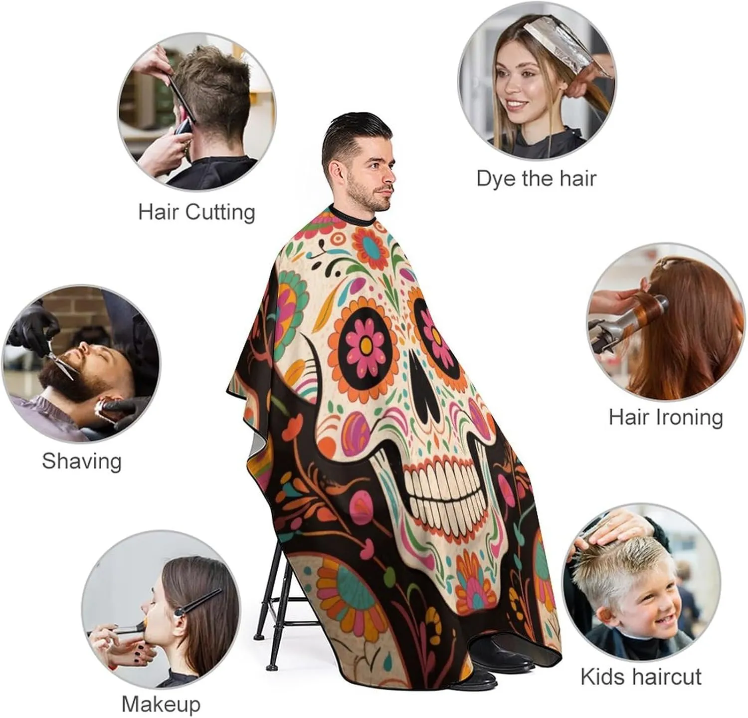Men Women Mexican Sugar Skull Flower Art Salon Cape - Adjustable Hairdresser Apron for Hair Cutting & Styling, Easy Clean