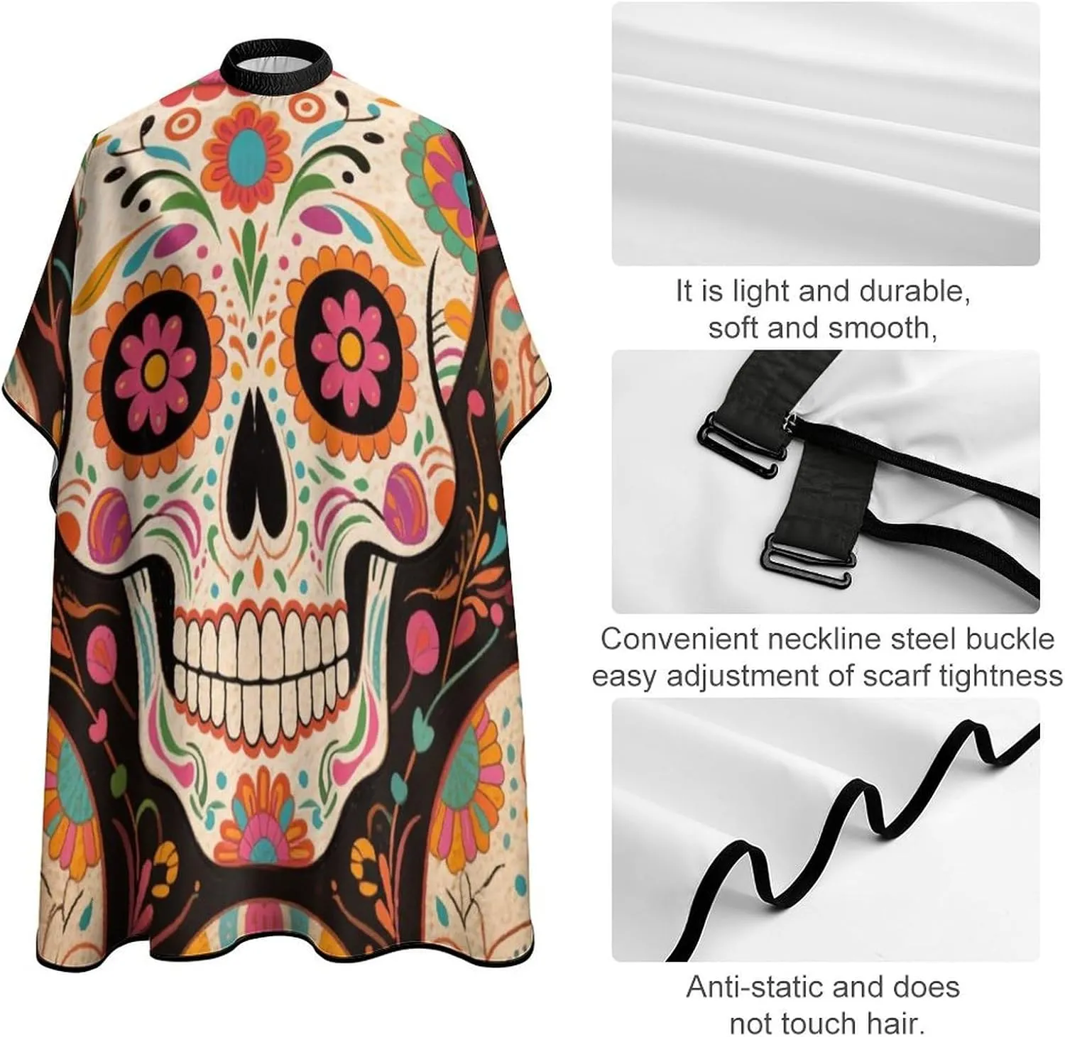 Men Women Mexican Sugar Skull Flower Art Salon Cape - Adjustable Hairdresser Apron for Hair Cutting & Styling, Easy Clean