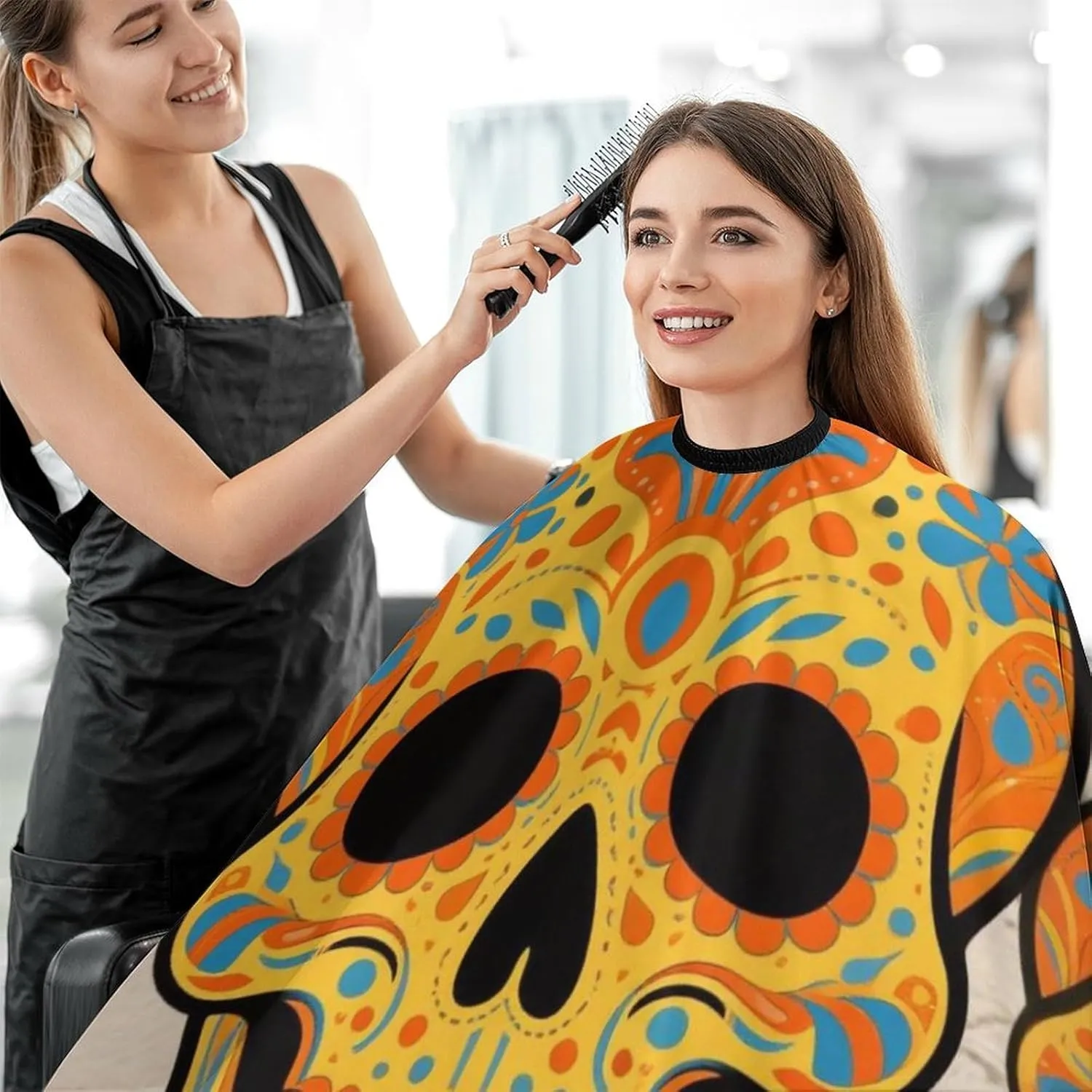 Mexican Sugar Skull Flower Art Hair Dressing Gown Cape Hair Cutting Cloak - Adjustable Salon Cape Apron for Barbers, Easy Clean