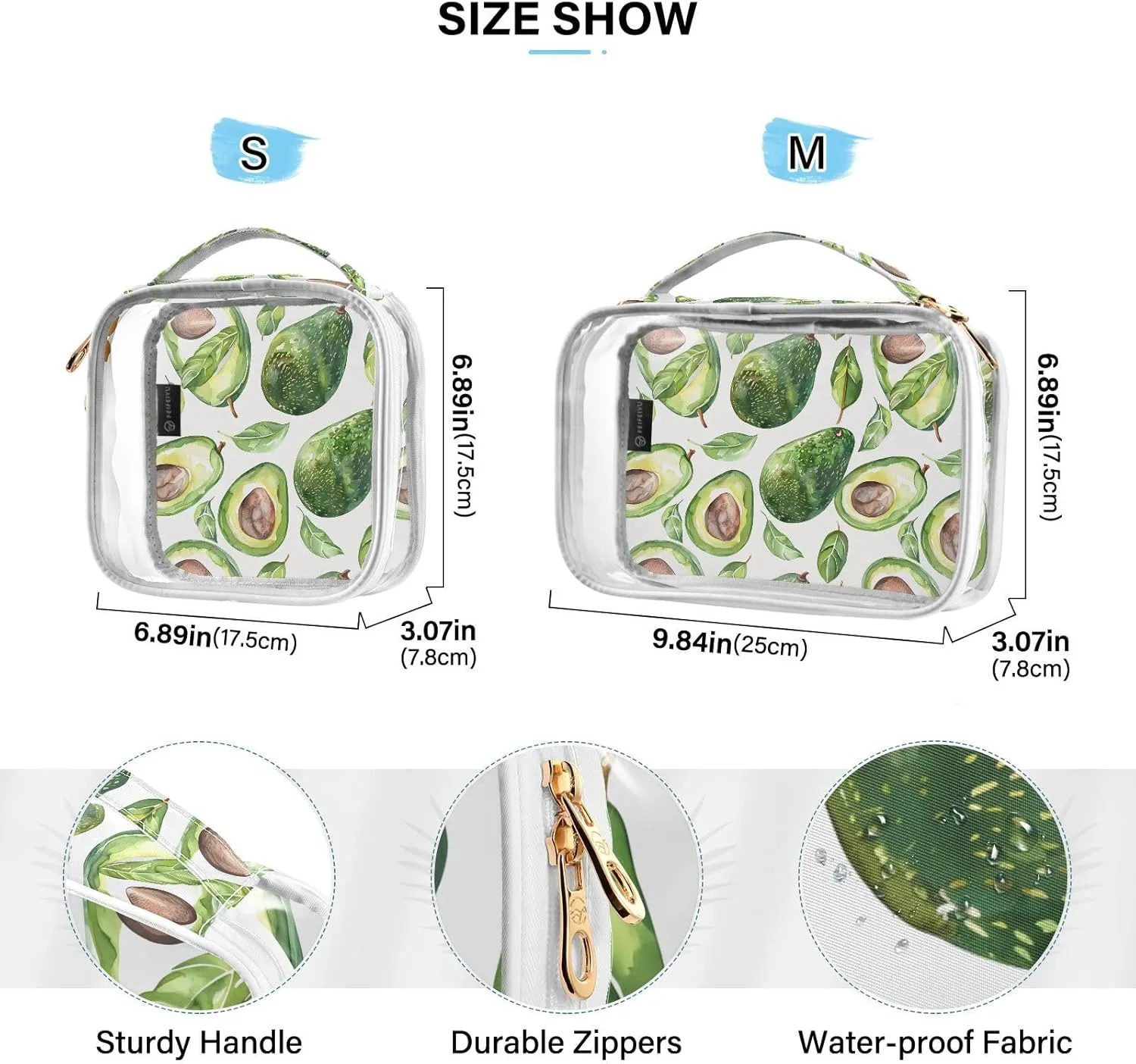 MNSRUU Clear Makeup Bags Avacodos Toiletry Bag for Women 2 PCS Waterproof Clear Bags Clear Travel Toiletry Bag Small Cosmetic Makeup Bag, Carry on Airport Airline Compliant Bag