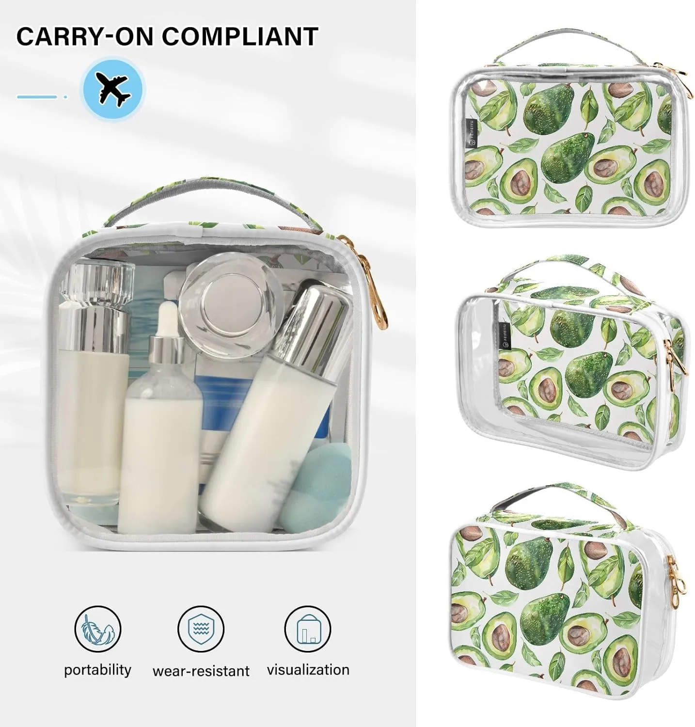 MNSRUU Clear Makeup Bags Avacodos Toiletry Bag for Women 2 PCS Waterproof Clear Bags Clear Travel Toiletry Bag Small Cosmetic Makeup Bag, Carry on Airport Airline Compliant Bag