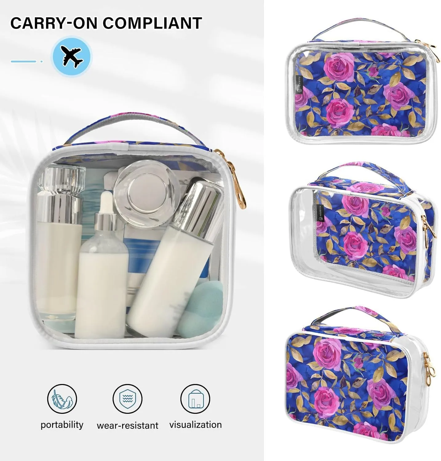 MNSRUU Clear Makeup Bags Bright Pink Roses Toiletry Bag for Women 2 PCS Waterproof Clear Bags Clear Travel Toiletry Bag Small Cosmetic Makeup Bag, Carry on Airport Airline Compliant Bag