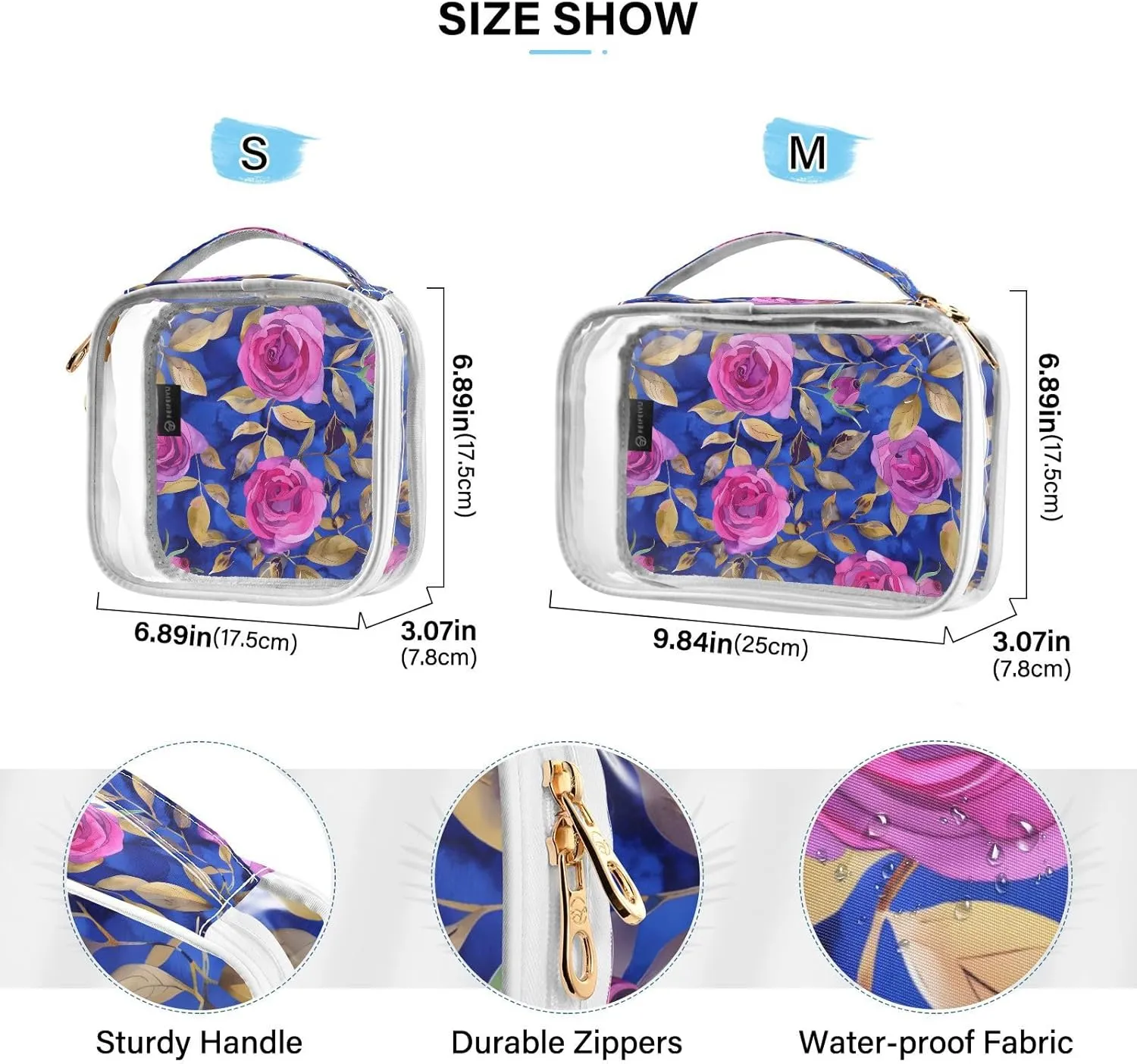 MNSRUU Clear Makeup Bags Bright Pink Roses Toiletry Bag for Women 2 PCS Waterproof Clear Bags Clear Travel Toiletry Bag Small Cosmetic Makeup Bag, Carry on Airport Airline Compliant Bag