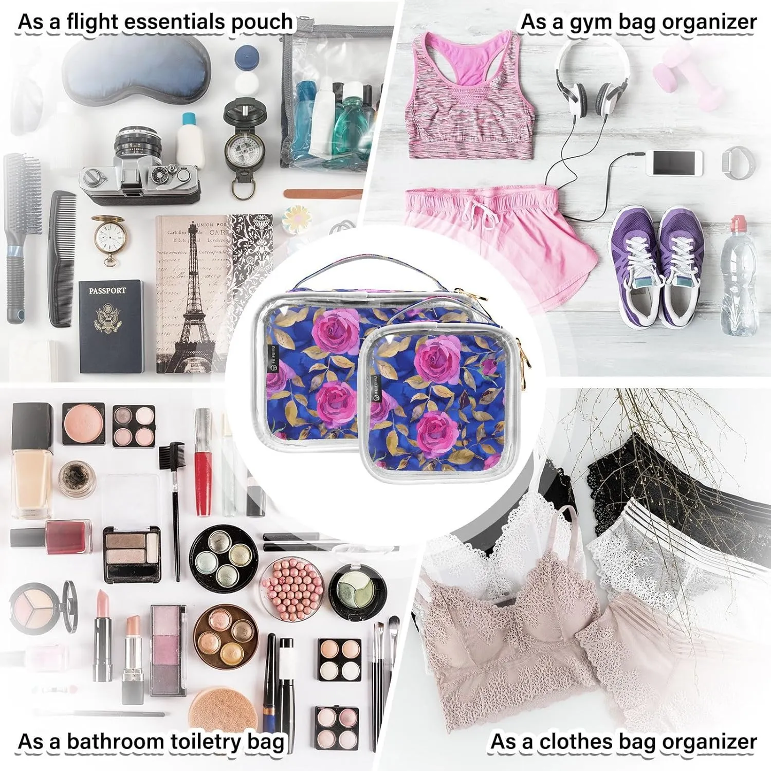 MNSRUU Clear Makeup Bags Bright Pink Roses Toiletry Bag for Women 2 PCS Waterproof Clear Bags Clear Travel Toiletry Bag Small Cosmetic Makeup Bag, Carry on Airport Airline Compliant Bag