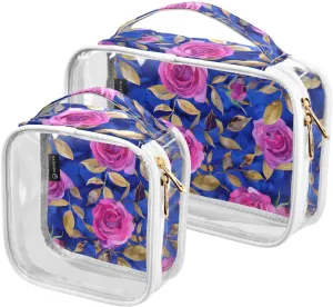 MNSRUU Clear Makeup Bags Bright Pink Roses Toiletry Bag for Women 2 PCS Waterproof Clear Bags Clear Travel Toiletry Bag Small Cosmetic Makeup Bag, Carry on Airport Airline Compliant Bag