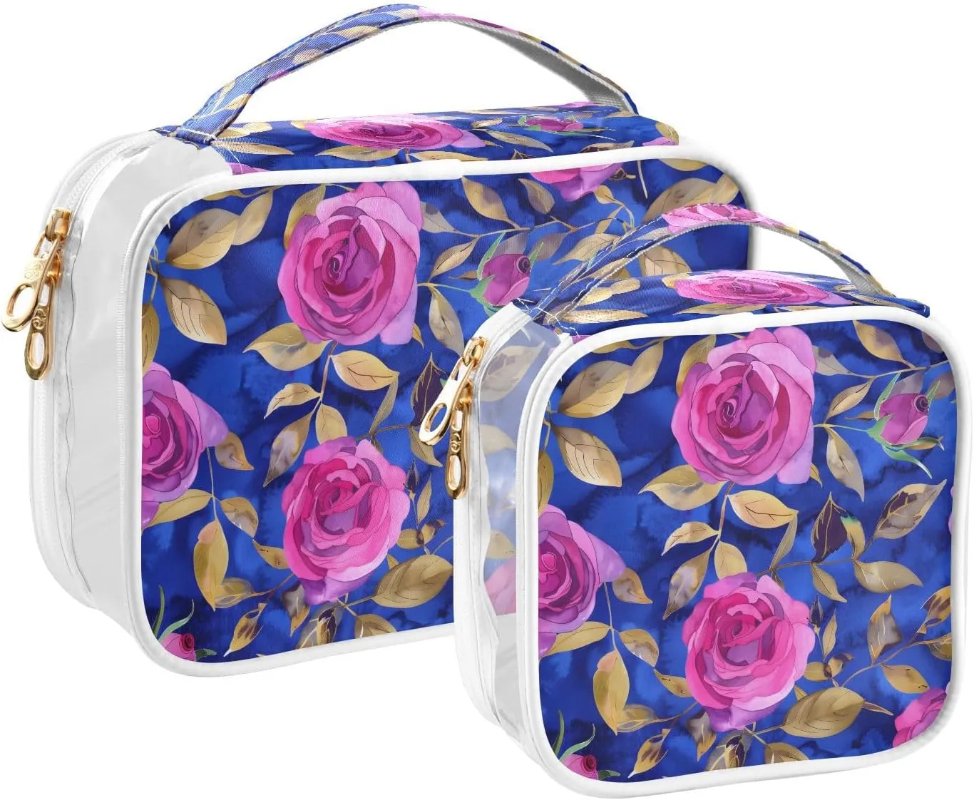 MNSRUU Clear Makeup Bags Bright Pink Roses Toiletry Bag for Women 2 PCS Waterproof Clear Bags Clear Travel Toiletry Bag Small Cosmetic Makeup Bag, Carry on Airport Airline Compliant Bag