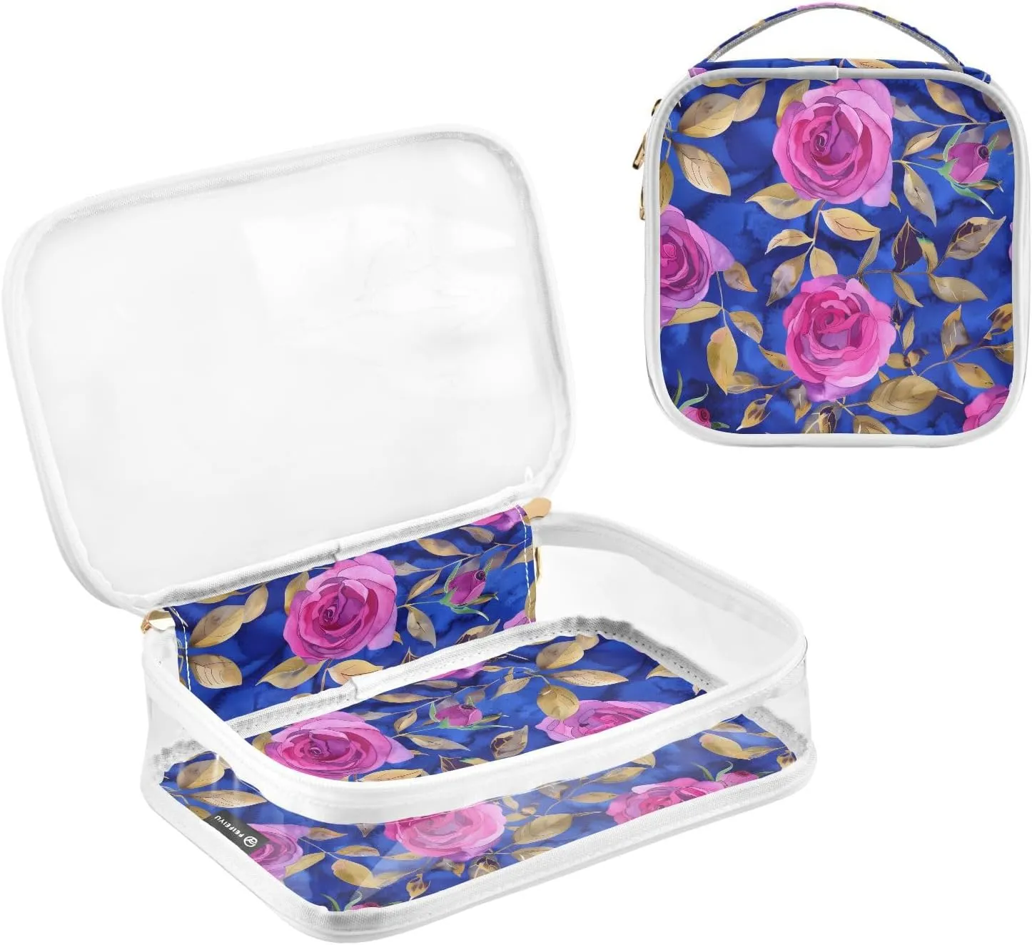 MNSRUU Clear Makeup Bags Bright Pink Roses Toiletry Bag for Women 2 PCS Waterproof Clear Bags Clear Travel Toiletry Bag Small Cosmetic Makeup Bag, Carry on Airport Airline Compliant Bag
