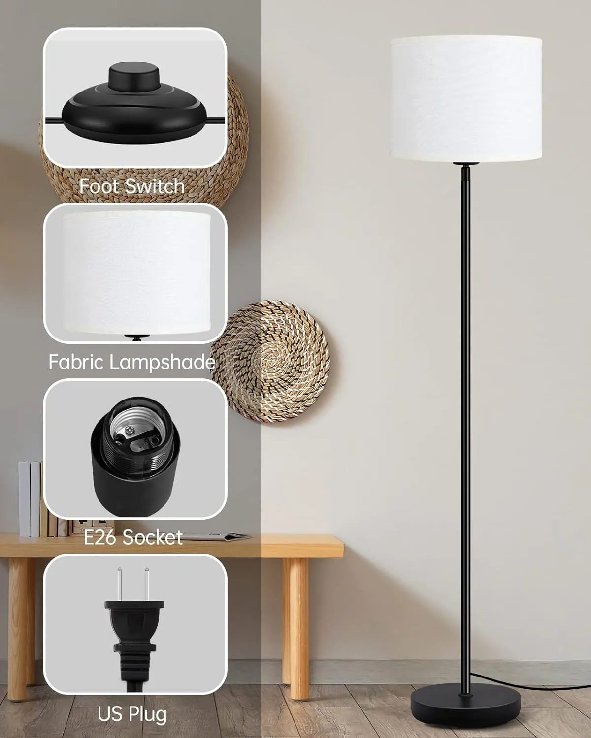 Modern 58" Tall Floor Lamp with White Lampshade, Simple Pedal Switch, Black Small Pole Lamp for Kid Room/Office/Reading Room (E26 Base, No Bulb)