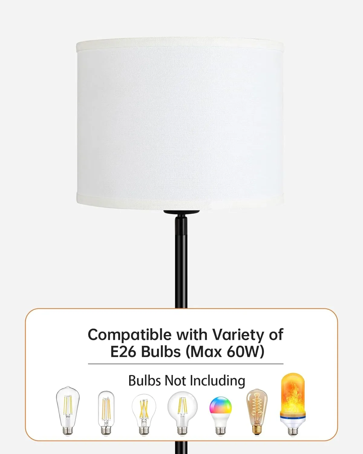 Modern 58" Tall Floor Lamp with White Lampshade, Simple Pedal Switch, Black Small Pole Lamp for Kid Room/Office/Reading Room (E26 Base, No Bulb)