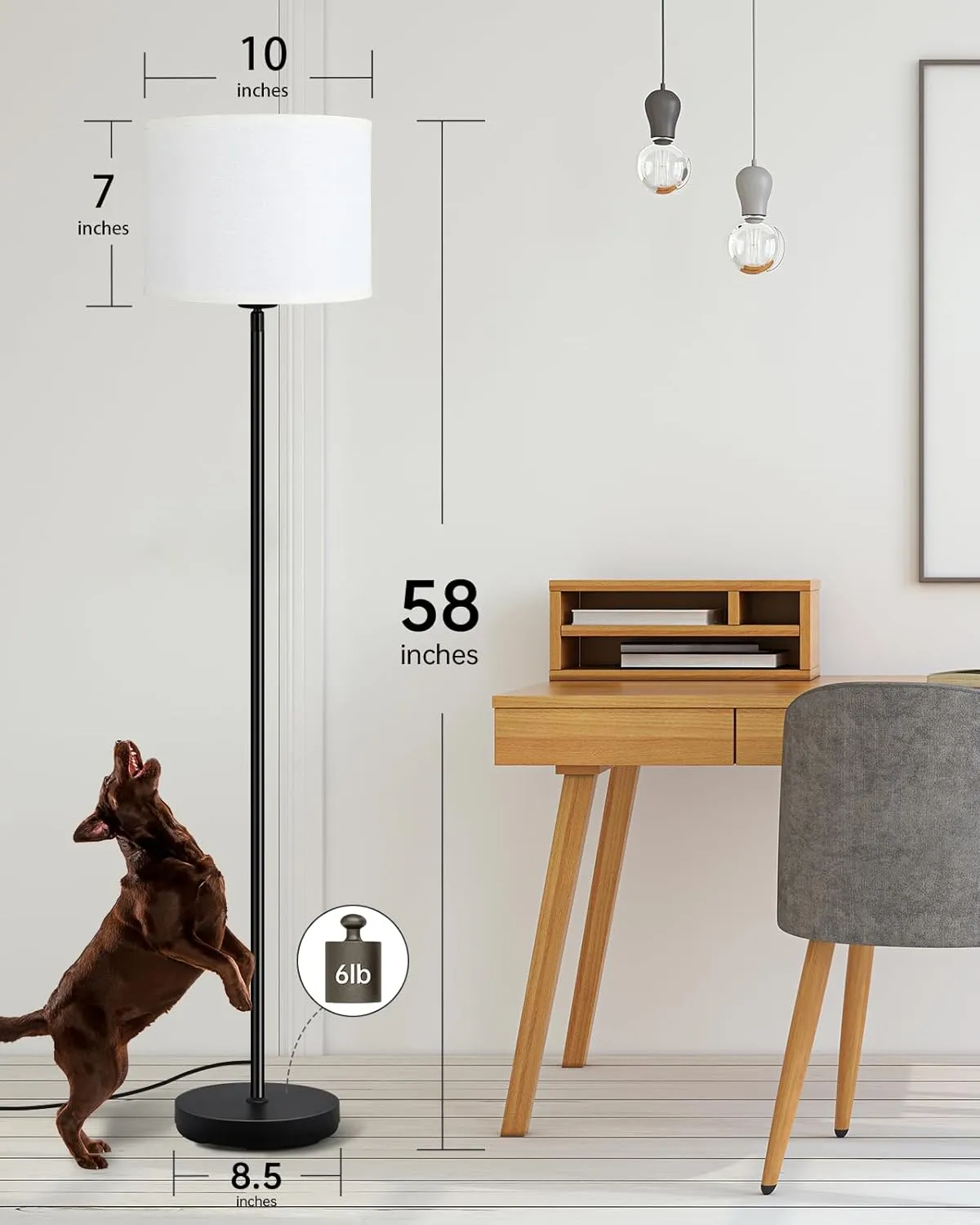 Modern 58" Tall Floor Lamp with White Lampshade, Simple Pedal Switch, Black Small Pole Lamp for Kid Room/Office/Reading Room (E26 Base, No Bulb)