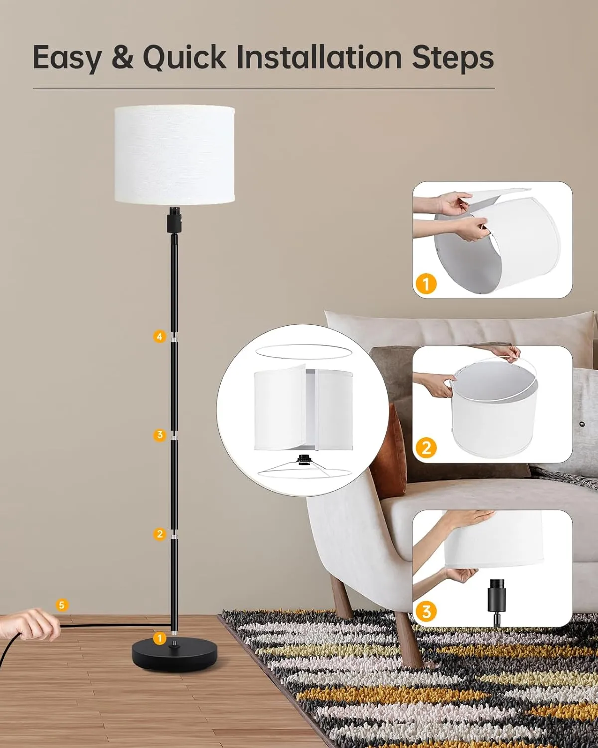 Modern 58" Tall Floor Lamp with White Lampshade, Simple Pedal Switch, Black Small Pole Lamp for Kid Room/Office/Reading Room (E26 Base, No Bulb)