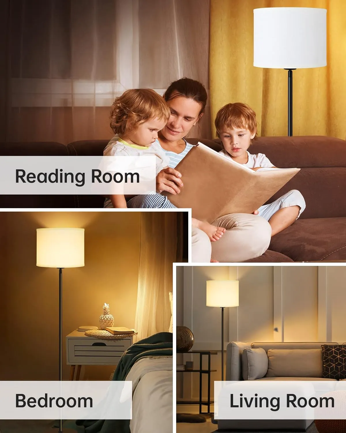 Modern 58" Tall Floor Lamp with White Lampshade, Simple Pedal Switch, Black Small Pole Lamp for Kid Room/Office/Reading Room (E26 Base, No Bulb)