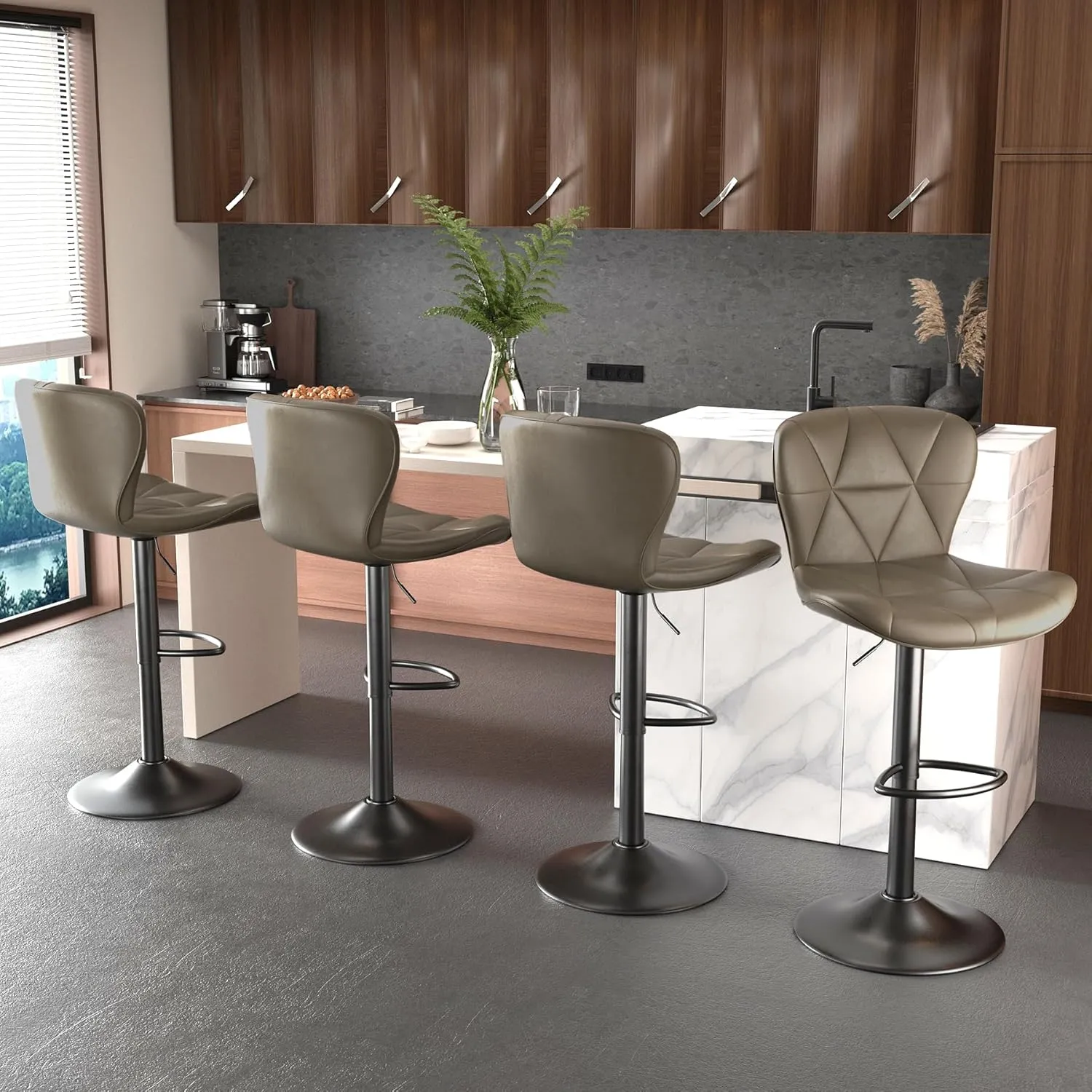 Modern Bar Stools Set of 2, Adjustable Faux Leather Upholstered Swivel Bar Stools, Counter Height Bar Chairs with Back for Kitchen Island, Dark Khaki