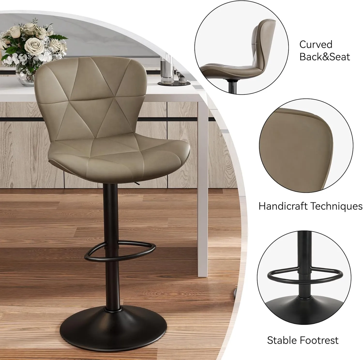 Modern Bar Stools Set of 2, Adjustable Faux Leather Upholstered Swivel Bar Stools, Counter Height Bar Chairs with Back for Kitchen Island, Dark Khaki