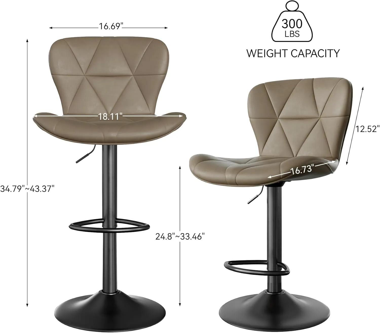 Modern Bar Stools Set of 2, Adjustable Faux Leather Upholstered Swivel Bar Stools, Counter Height Bar Chairs with Back for Kitchen Island, Dark Khaki