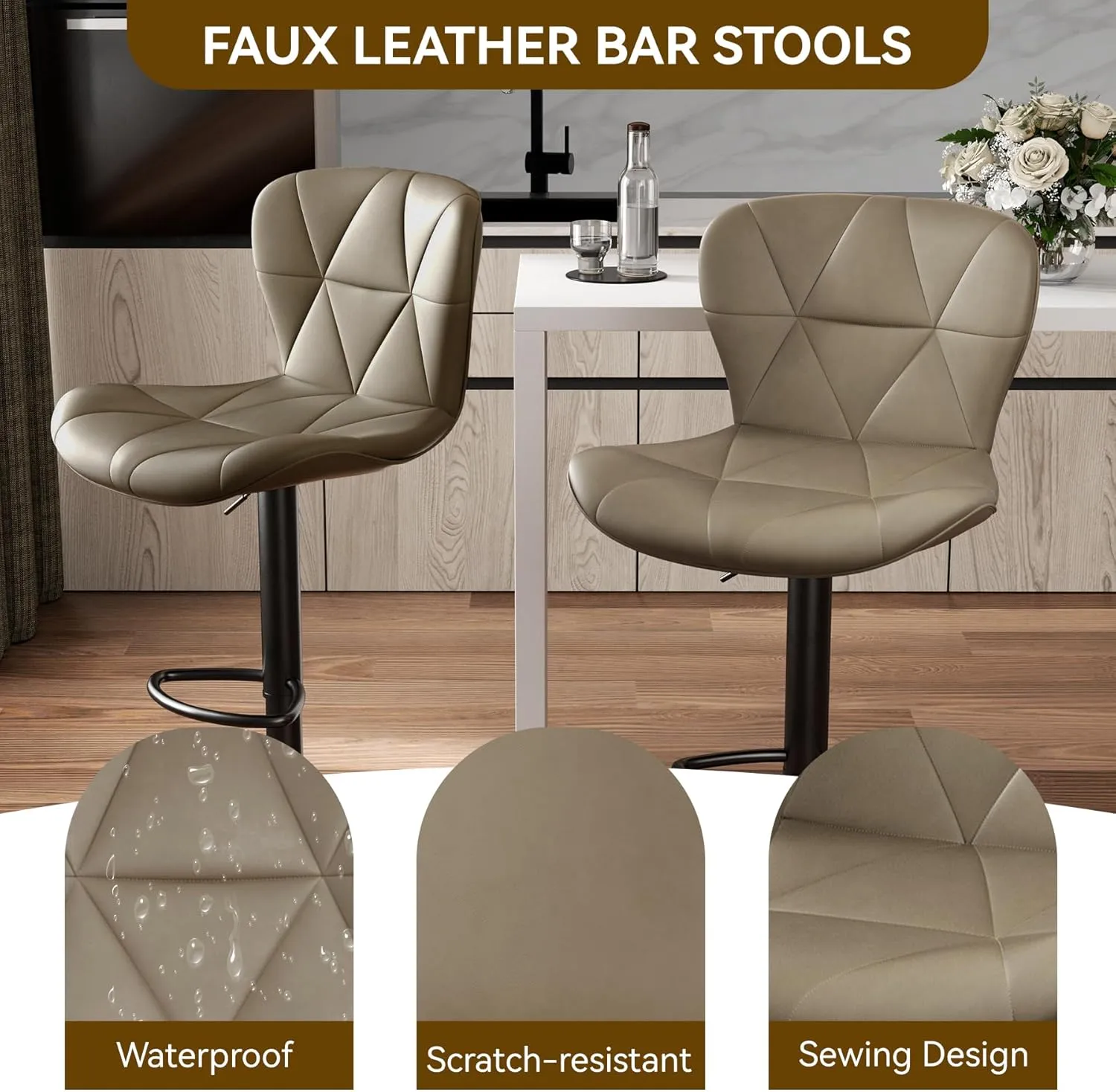 Modern Bar Stools Set of 2, Adjustable Faux Leather Upholstered Swivel Bar Stools, Counter Height Bar Chairs with Back for Kitchen Island, Dark Khaki