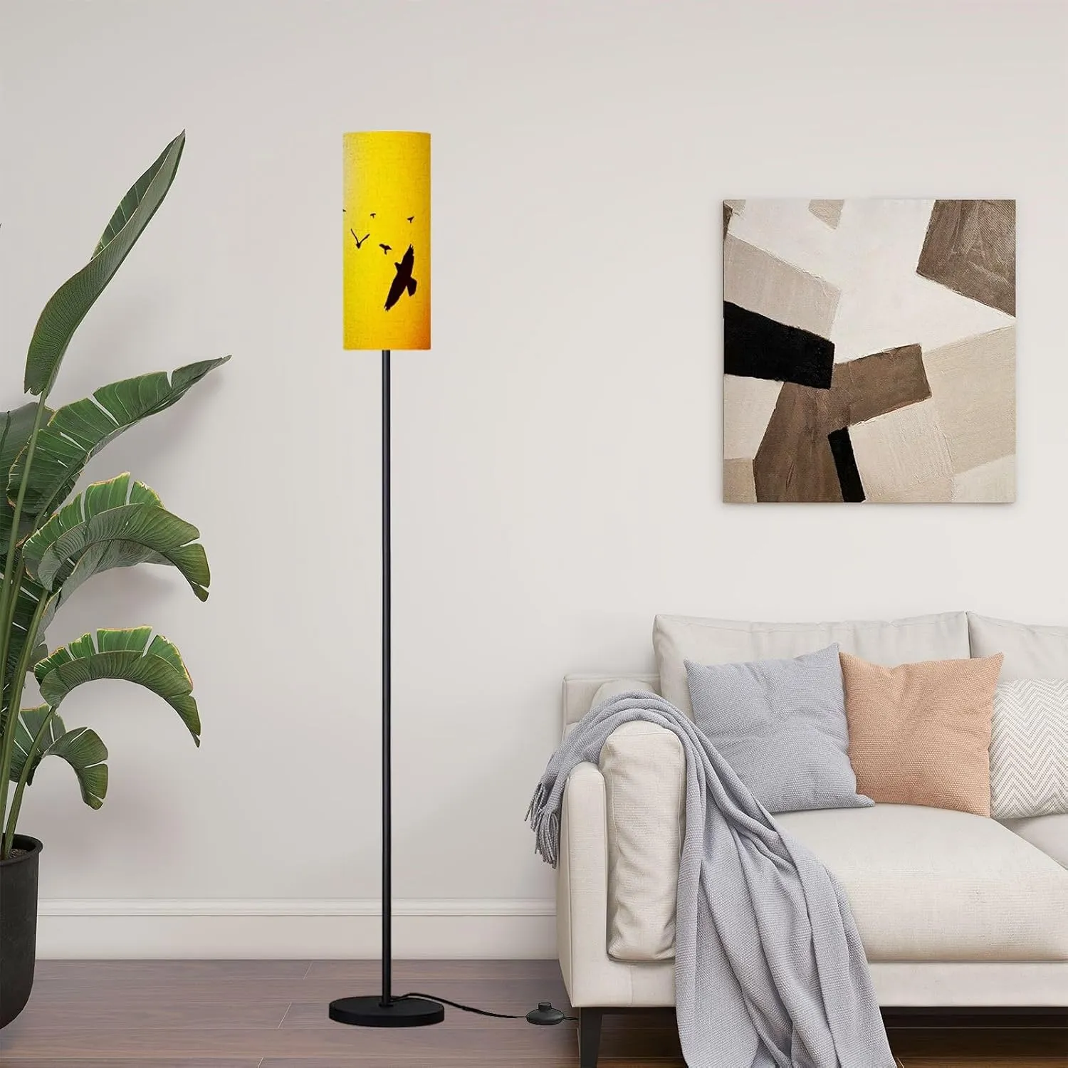 Modern Standing Lamps Birds Sunset Floor Lamp Metal Pole Lamp with Linen Lampshade for Bedroom Living Room Office Nursery Reading Foot Switch