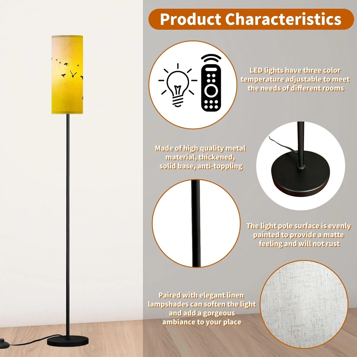 Modern Standing Lamps Birds Sunset Floor Lamp Metal Pole Lamp with Linen Lampshade for Bedroom Living Room Office Nursery Reading Foot Switch