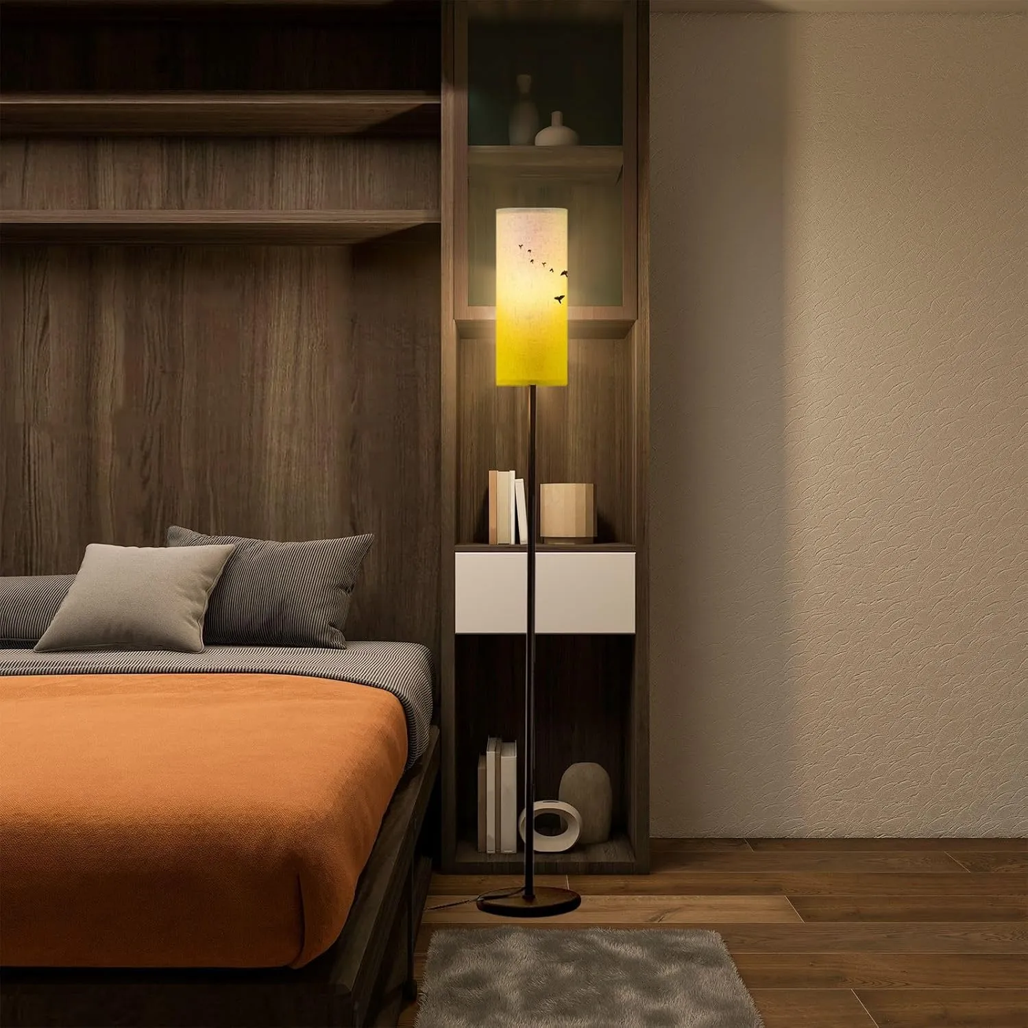Modern Standing Lamps Birds Sunset Floor Lamp Metal Pole Lamp with Linen Lampshade for Bedroom Living Room Office Nursery Reading Foot Switch