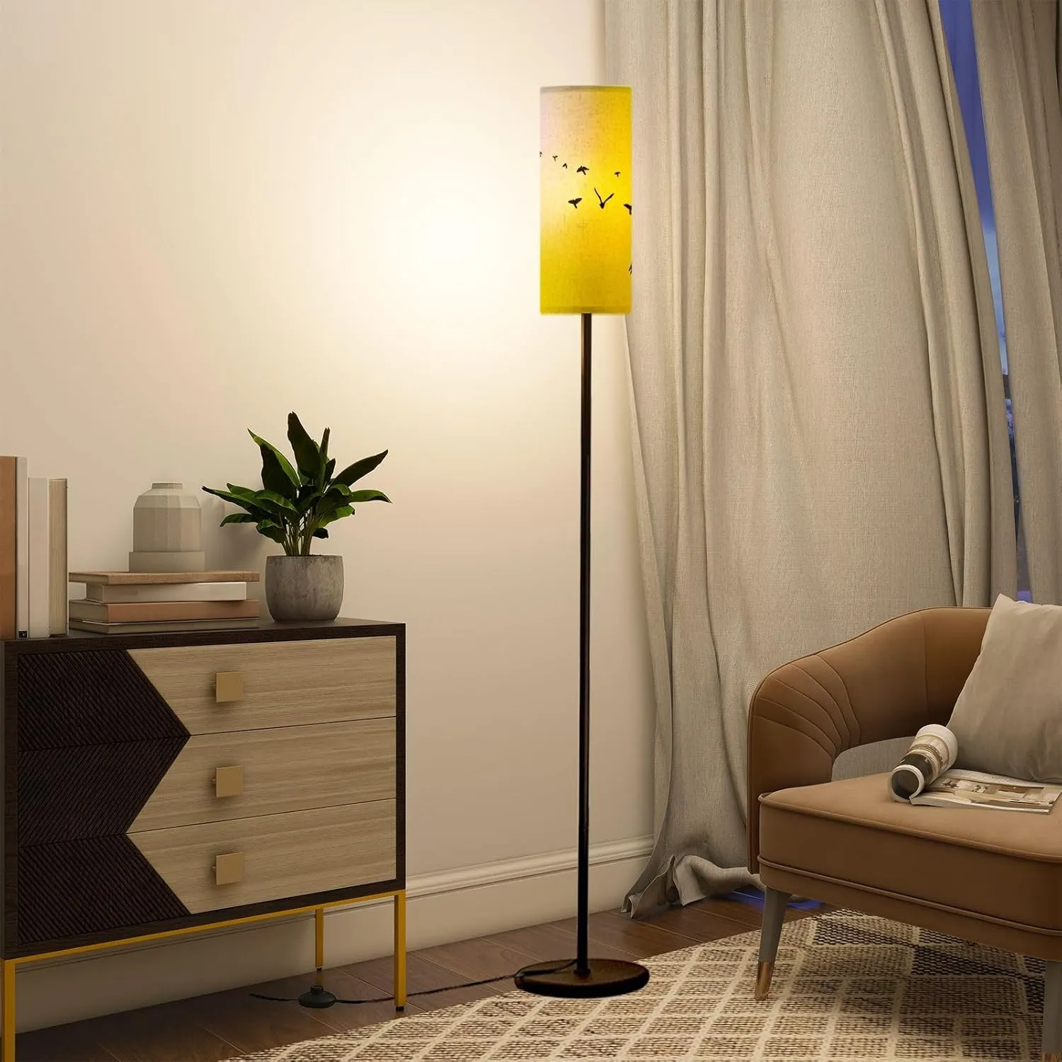 Modern Standing Lamps Birds Sunset Floor Lamp Metal Pole Lamp with Linen Lampshade for Bedroom Living Room Office Nursery Reading Foot Switch