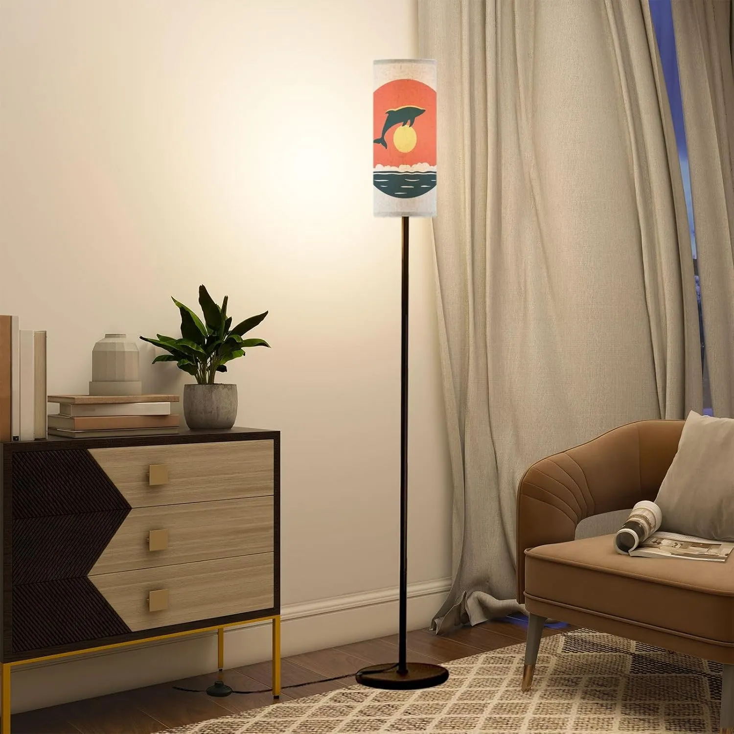 Modern Standing Lamps Dolphin Silhouette Jumping Ocean Surface Sun Circle Sunset Sunrise Floor Lamp Metal Pole Lamp with Linen Lampshade for Bedroom Living Room Office Nursery Reading Foot Switch