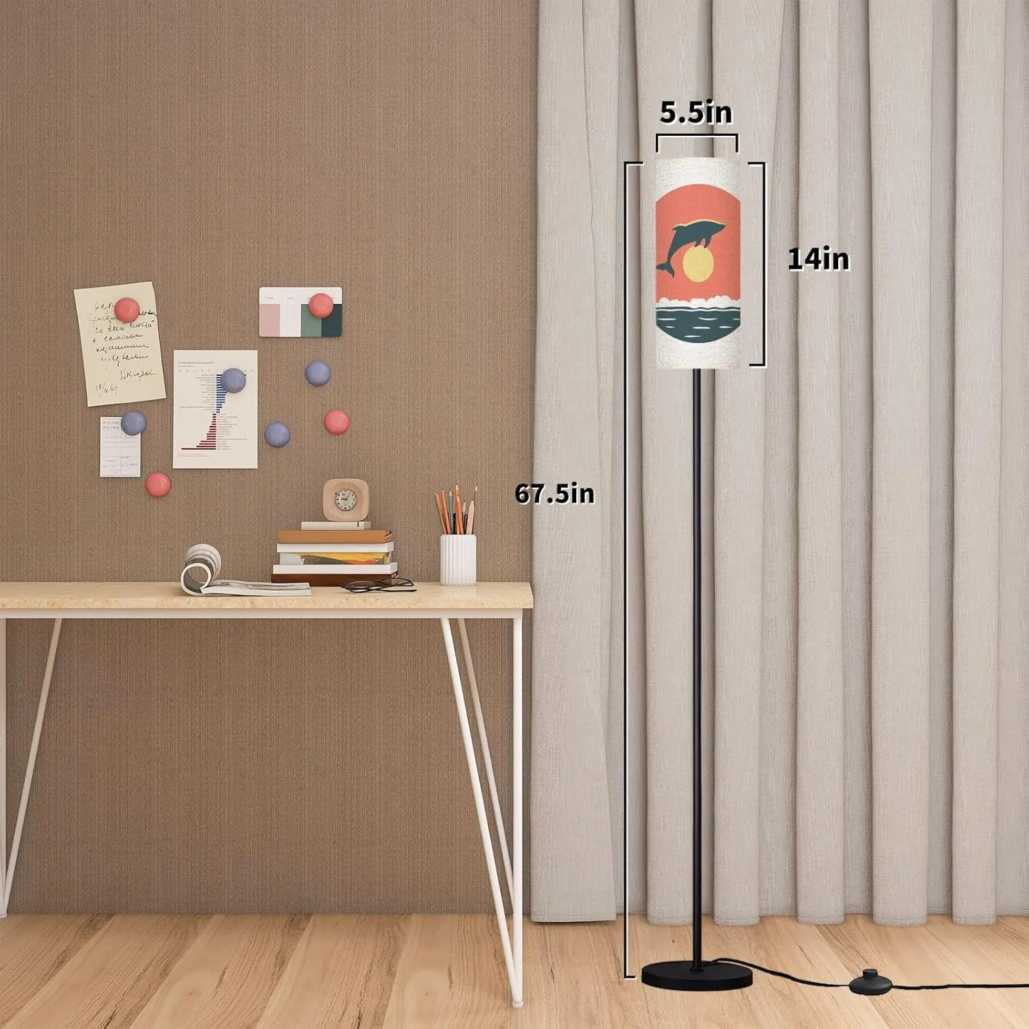 Modern Standing Lamps Dolphin Silhouette Jumping Ocean Surface Sun Circle Sunset Sunrise Floor Lamp Metal Pole Lamp with Linen Lampshade for Bedroom Living Room Office Nursery Reading Foot Switch