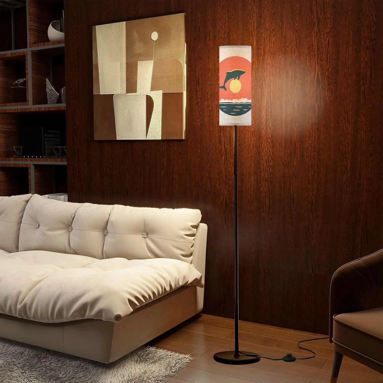Modern Standing Lamps Dolphin Silhouette Jumping Ocean Surface Sun Circle Sunset Sunrise Floor Lamp Metal Pole Lamp with Linen Lampshade for Bedroom Living Room Office Nursery Reading Foot Switch