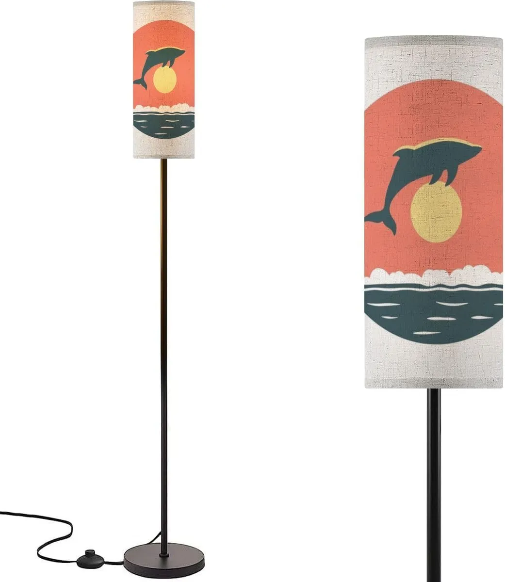 Modern Standing Lamps Dolphin Silhouette Jumping Ocean Surface Sun Circle Sunset Sunrise Floor Lamp Metal Pole Lamp with Linen Lampshade for Bedroom Living Room Office Nursery Reading Foot Switch