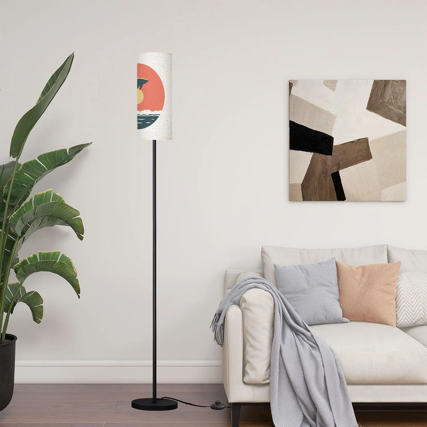 Modern Standing Lamps Dolphin Silhouette Jumping Ocean Surface Sun Circle Sunset Sunrise Floor Lamp Metal Pole Lamp with Linen Lampshade for Bedroom Living Room Office Nursery Reading Foot Switch