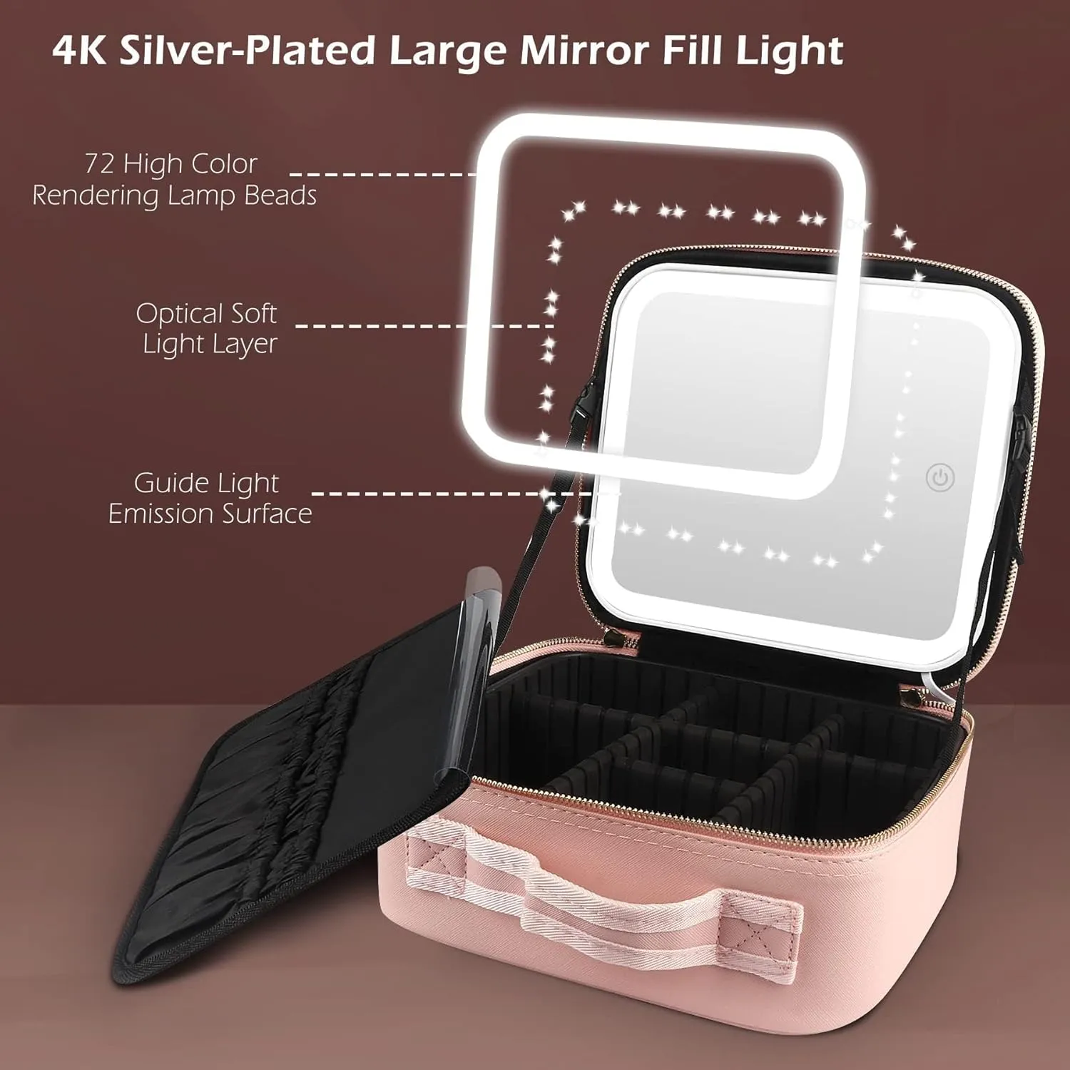 MOMIRA Makeup Train Case with Light & Mirror Large Cosmetic Organizer with Double-Sided 1X/10X Magnifying Foldable Makeup Mirror & Pink Jewelry Box, Suitsmall