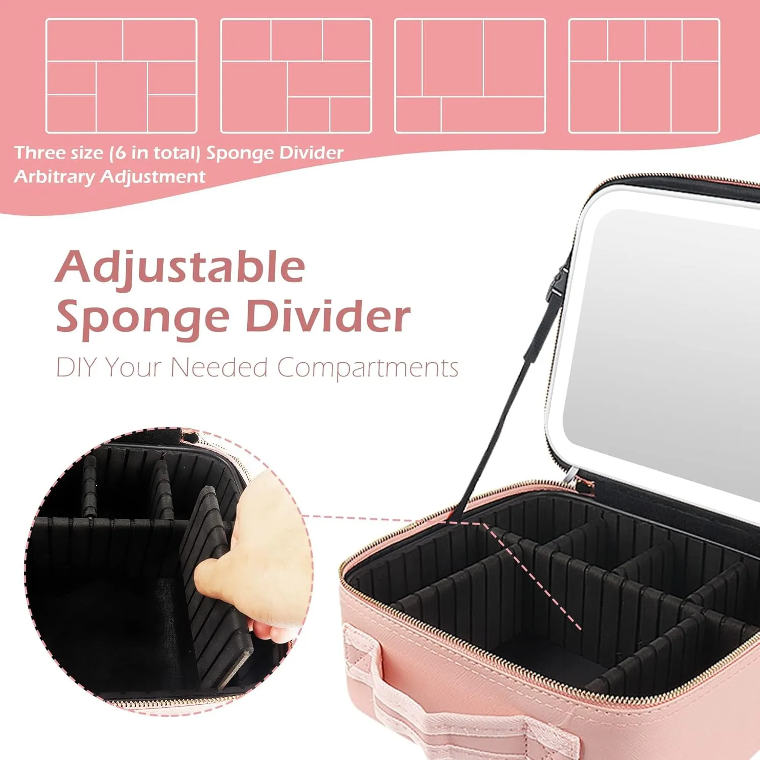 MOMIRA Makeup Train Case with Light & Mirror Large Cosmetic Organizer with Double-Sided 1X/10X Magnifying Foldable Makeup Mirror & Pink Jewelry Box, Suitsmall