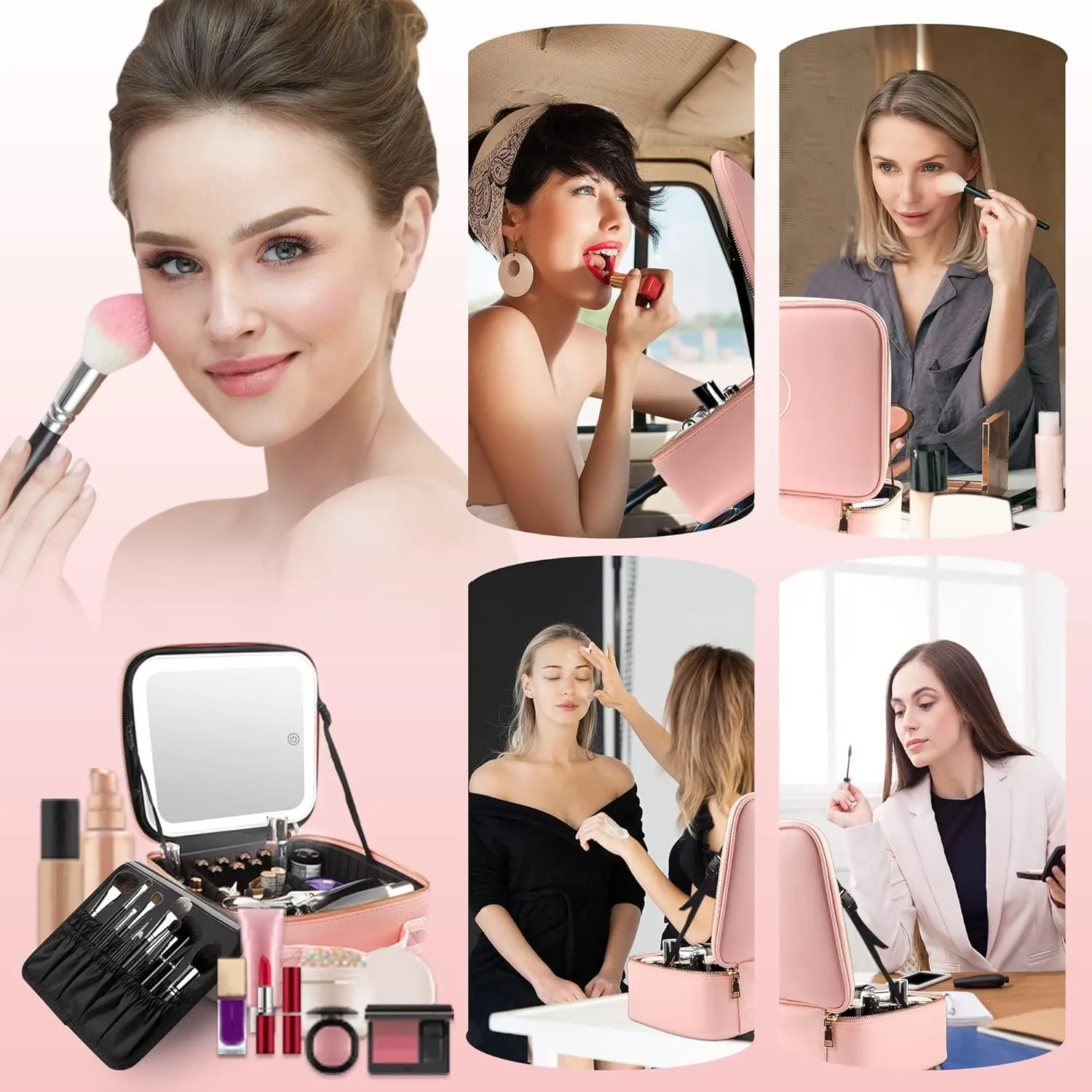 MOMIRA Makeup Train Case with Light & Mirror Large Cosmetic Organizer with Double-Sided 1X/10X Magnifying Foldable Makeup Mirror & Pink Jewelry Box, Suitsmall