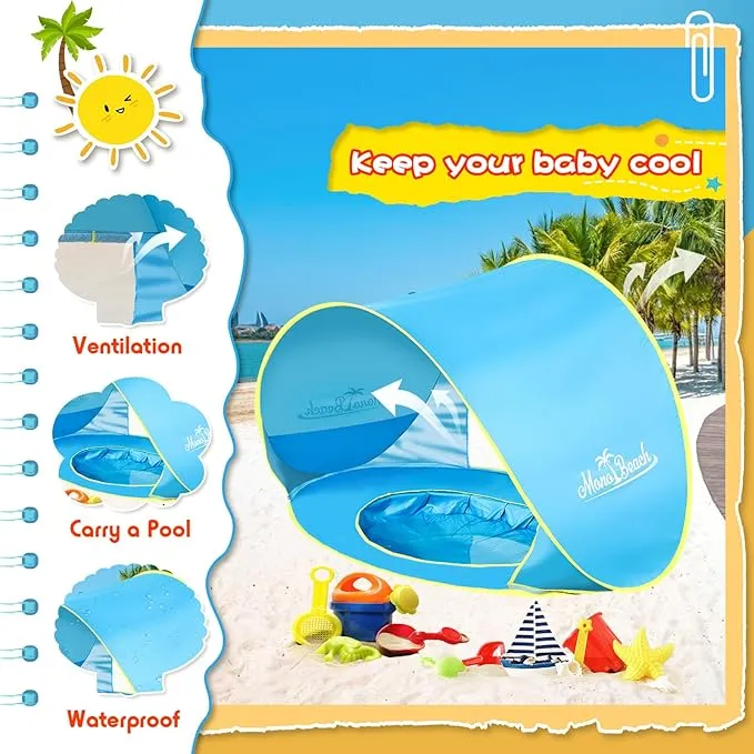 Monobeach Baby Beach Tent with Beach Sand Toys Pop Up Portable Shade Pool UPF50  UV Protection Sun Shelter for Infant with Easy Set Up Canopy (Blue with Beach Sand Toys)