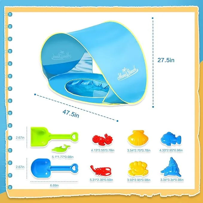 Monobeach Baby Beach Tent with Beach Sand Toys Pop Up Portable Shade Pool UPF50  UV Protection Sun Shelter for Infant with Easy Set Up Canopy (Blue with Beach Sand Toys)
