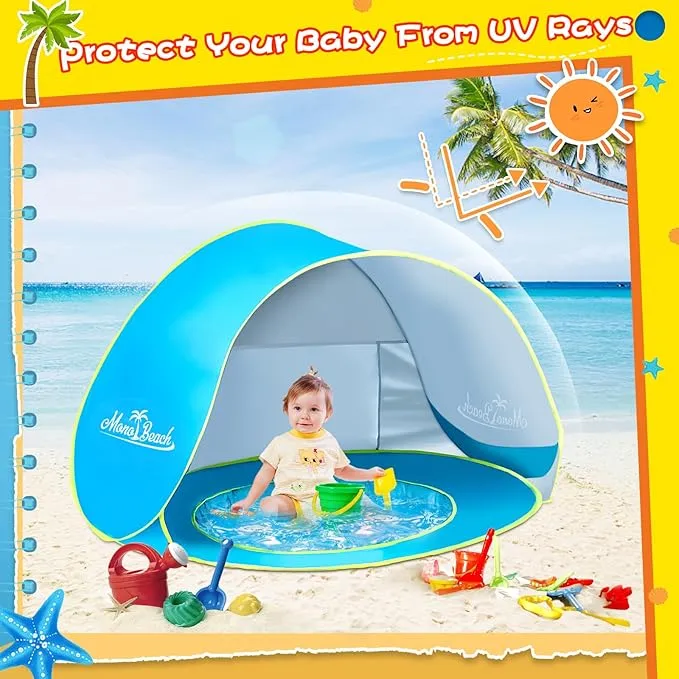 Monobeach Baby Beach Tent with Beach Sand Toys Pop Up Portable Shade Pool UPF50  UV Protection Sun Shelter for Infant with Easy Set Up Canopy (Blue with Beach Sand Toys)
