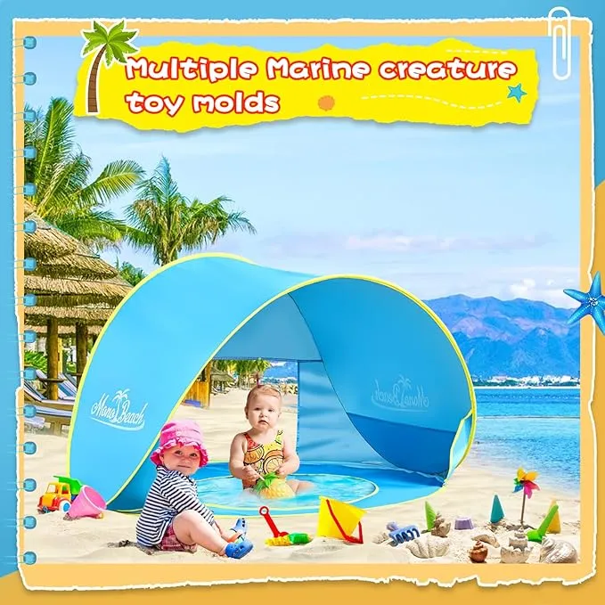 Monobeach Baby Beach Tent with Beach Sand Toys Pop Up Portable Shade Pool UPF50  UV Protection Sun Shelter for Infant with Easy Set Up Canopy (Blue with Beach Sand Toys)