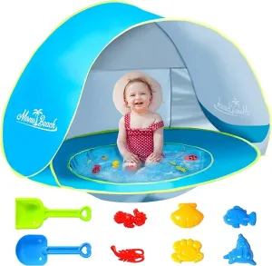 Monobeach Baby Beach Tent with Beach Sand Toys Pop Up Portable Shade Pool UPF50  UV Protection Sun Shelter for Infant with Easy Set Up Canopy (Blue with Beach Sand Toys)